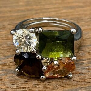 Silver Tone Multi Stone Cluster Statement Cocktail Ring Green Amber Clear Stones
